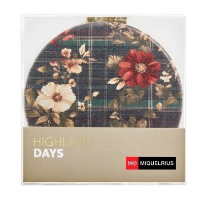 Porta-copo redondo floral com padrão xadrez em caixa transparente