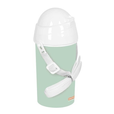 Garrafa térmica verde claro com tampa branca e alça branca ajustável