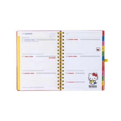 Agenda semanal aberta com design da Hello Kitty e separadores coloridos