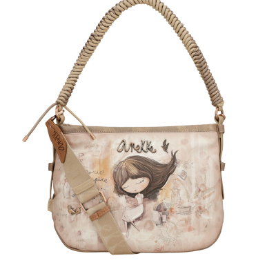 Mala Anekke bege com ilustração de menina e alça texturada