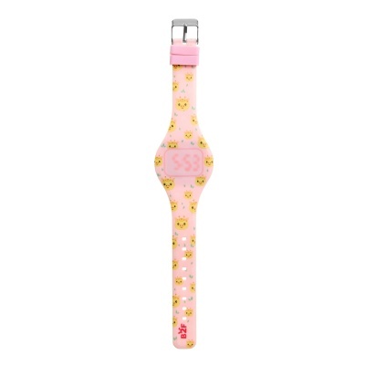 Relógio digital rosa para crianças com padrão de girafas amarelas e fivela metálica