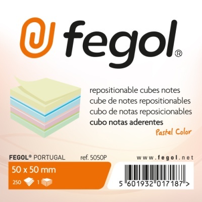 Embalagem de blocos de notas adesivas repericionáveis Fegol em cores pastel, 50x50 mm