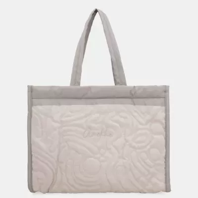 Mala de mão acolchoada bege claro com padrão texturizado e alças cinza