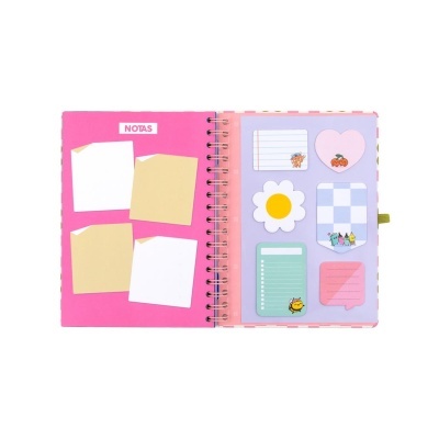 Caderno espiral aberto com notas adesivas coloridas e desenhos animados