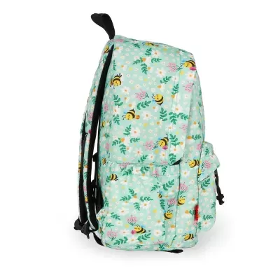 Mochila infantil azul claro com padrão de flores e abelhas