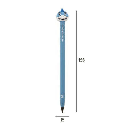 Lápis azul com figura de tubarão na ponta superior e texto INFINITE PENCIL.