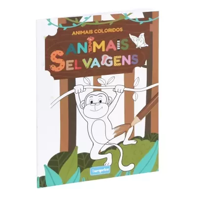 Livro infantil para colorir com um macaco a agarrar um ramo e texto colorido na capa