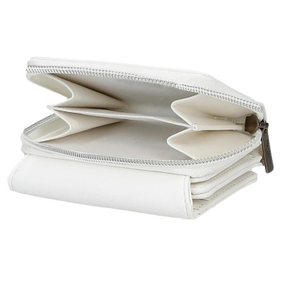 Carteira branca aberta com fecho de correr e divisões internas