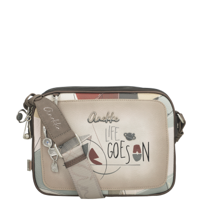 Mala de mão Anekke bege com frase LIFE GOES ON e alça com pendentes