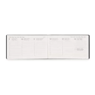 Agenda semanal aberta com datas e linhas para escrita