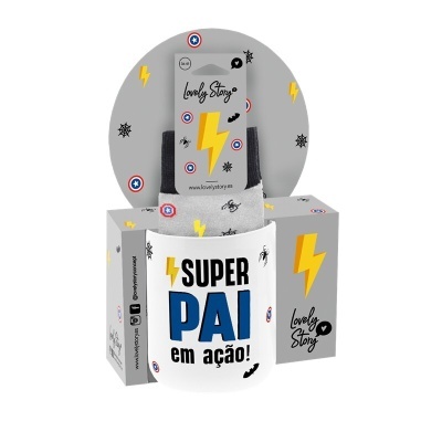 Meia cinza com símbolos e caixa branca com texto sobre SUPER PAI em ação!