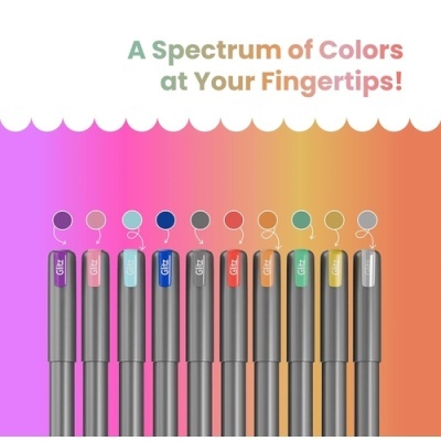 Canetas coloridas com corpo cinzento e rodas coloridas no topo