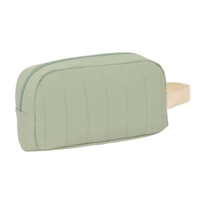 Estojo verde claro acolchoado com fecho e alça bege