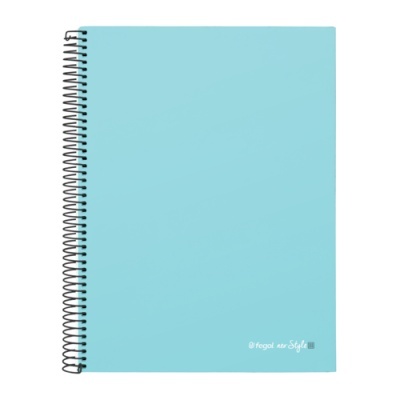 Caderno de argolas azul claro com espiral preto e texto branco