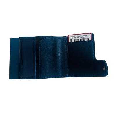 Carteira azul de pele com porta moedas e etiqueta