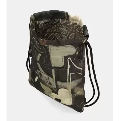 Mochila saco com padrão abstrato e cordões pretos