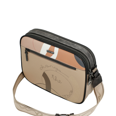 Mala bege com padrão abstrato e texto manuscrito change the game, com fecho e alça ajustável