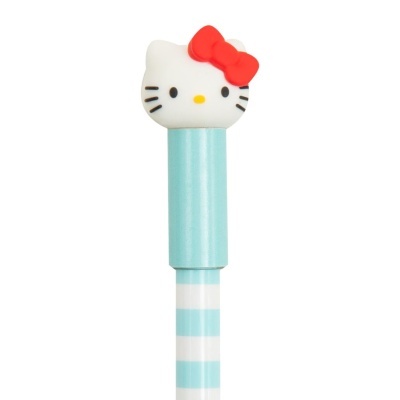 Caneta com cabeça Hello Kitty e corpo riscado azul e branco