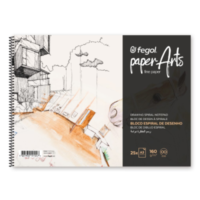 Bloco espiral de desenho Fegol paper Arts com capa ilustrada e especificações