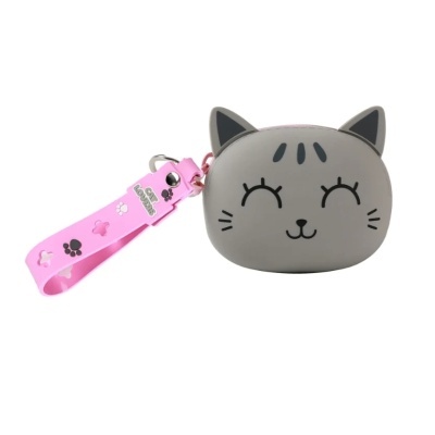 Bolsa pequena cinzenta em formato de cara de gato com alça rosa decorada e texto CAT LOVERS
