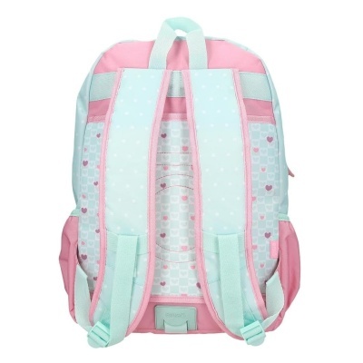 Mochila rosa e azul claro com padrões de corações e alças acolchoadas