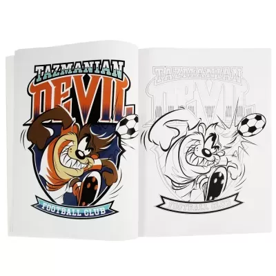 Livro aberto com ilustração Tazmanian Devil a jogar futebol e página para colorir.