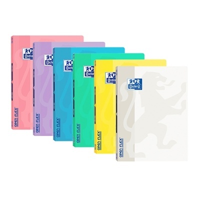 Seis cadernos Oxford de várias cores alinhados