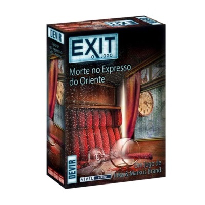 Jogo de tabuleiro EXIT Morte no Expresso do Oriente com poltrona vermelha e copo partido.