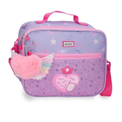 Bolsa roxa com fecho cor de rosa e pendente de coração fofo