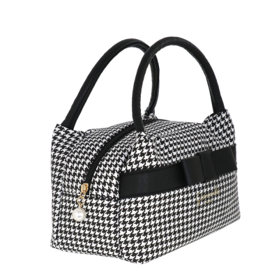 Mala de mão pied-de-poule preta e branca com alças e laço preto