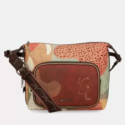 Bolsa de ombro em padrão abstrato e couro castanho com bolso frontal e alça ajustável