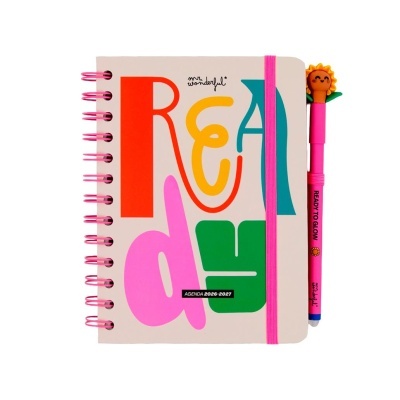 Agenda espiral colorida com elástico rosa e caneta decorativa com cabeça de girassol