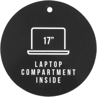 Etiqueta preta redonda com texto branco e ícone de portátil