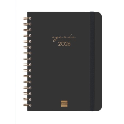 Agenda 2026 preta com capa dura e espiral dourado