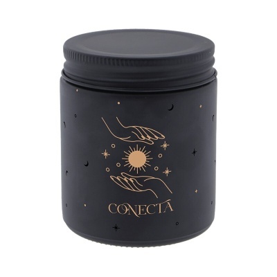 Frasco preto fosco com decoração dourada de mãos e sol e texto CONECTA
