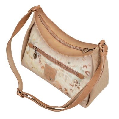 Mala de ombro bege e castanho com padrão floral e fechos metálicos
