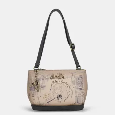 Mala de ombro Anekke bege com alça preta e desenhos