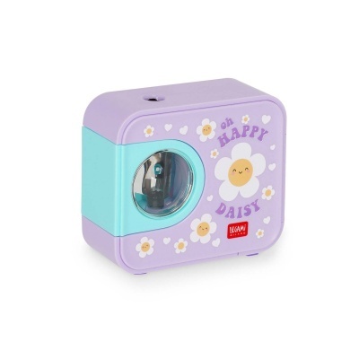 Apontador de lápis elétrico lilás e azul com decoração de flores e texto
