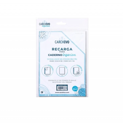 Recarga para caderno Carchivo Ingeniaos embalado, papel branco, design azul e branco