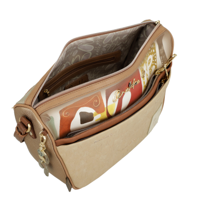 Mala tiracolo bege e castanho com bolso frontal e interior forrado