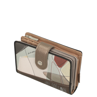 Carteira em pele sintética com padrão geométrico e texto LIFE GOES ON