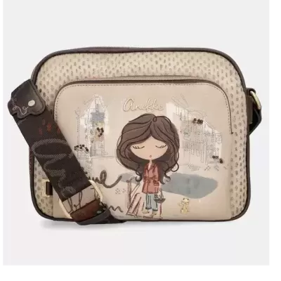 Mala tiracolo bege Anekke com ilustração de menina e alça castanha