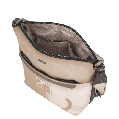 Mala bege e castanha de material sintético com bolso frontal e interior forrado estampado.