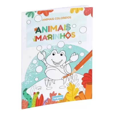 Livro para colorir ANIMAIS MARINHOS com desenho de caranguejo e lápis de cor laranja