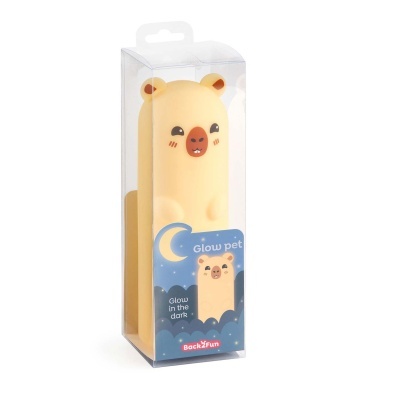 Produto urso cor de mel que brilha no escuro em caixa transparente