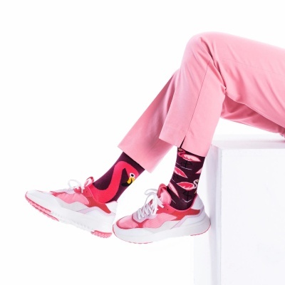 Pernas com meias de flamingo e sapatilhas rosa sobre superfície branca