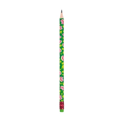 Lápis verde decorado com sapos cor-de-rosa e amarelos