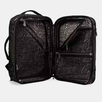 Mala ou mochila preta de viagem aberta com padrão Anekke no interior