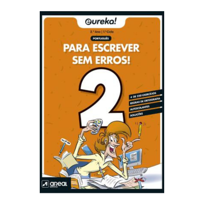 Capa de livro escolar Eureka! 2º Ano 1º Ciclo Português com personagem a estudar e fundo laranja