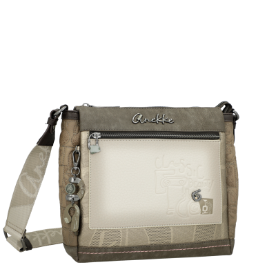 Mala tiracolo Anekke bege com bolso frontal e pendentes decorativos